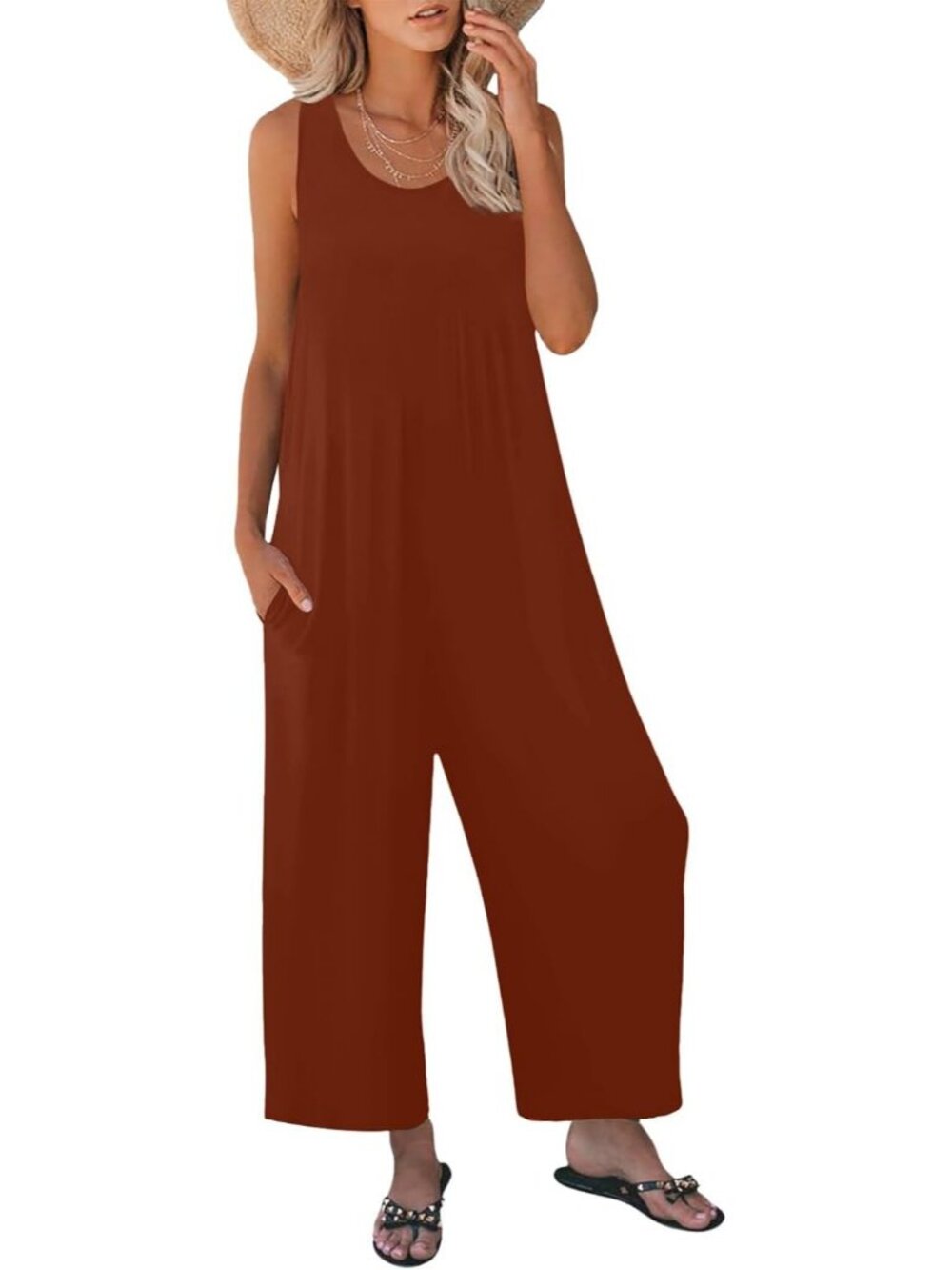 Women's Brick Red Casual Loose Tank Sleeveless Crewneck Long Pant Romper